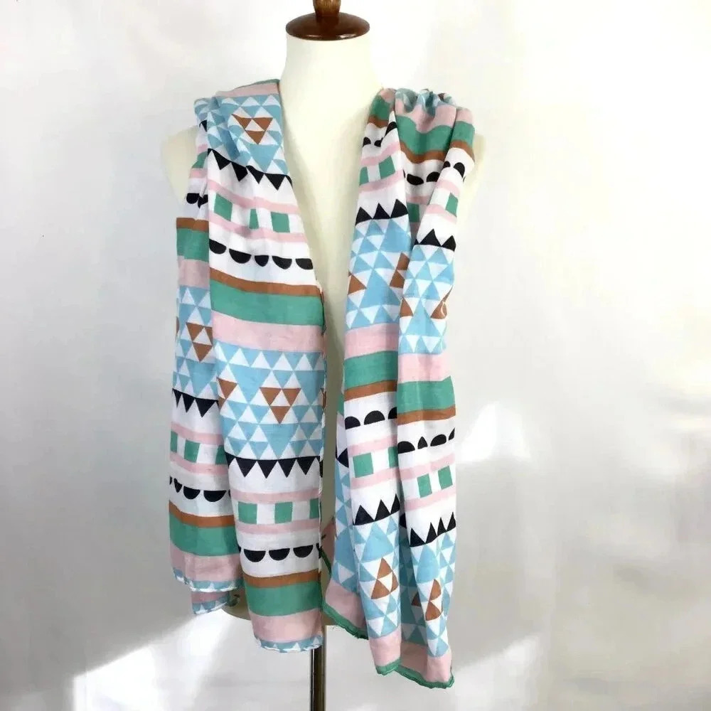 Large Western Scarf Aztec Geometric Printed Village Rectangle Pastels Dupatta - Picture 7 of 10